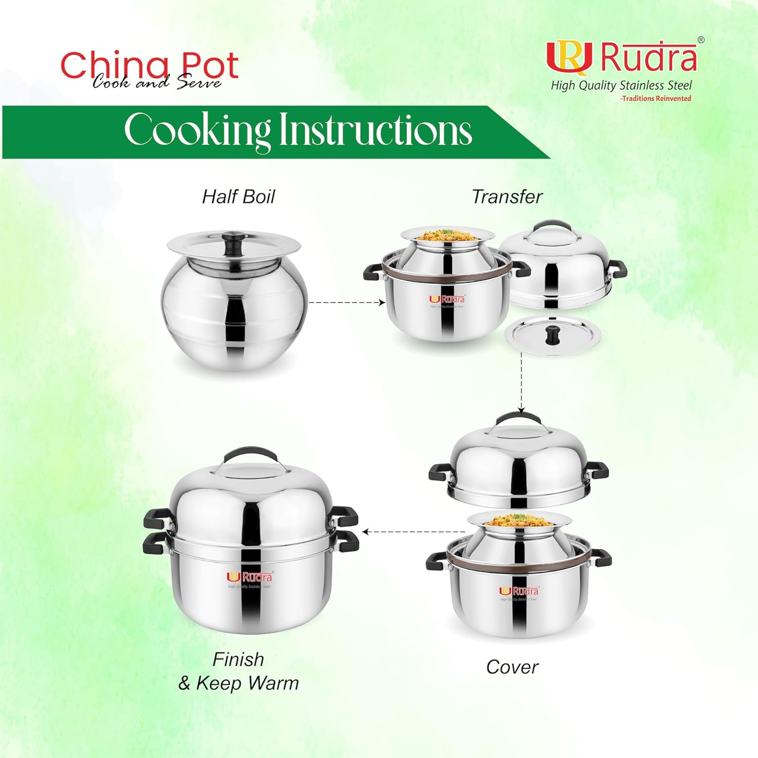 RUDRA Stainless Steel China Pot Cook and Serve, Thermal Rice Cooker