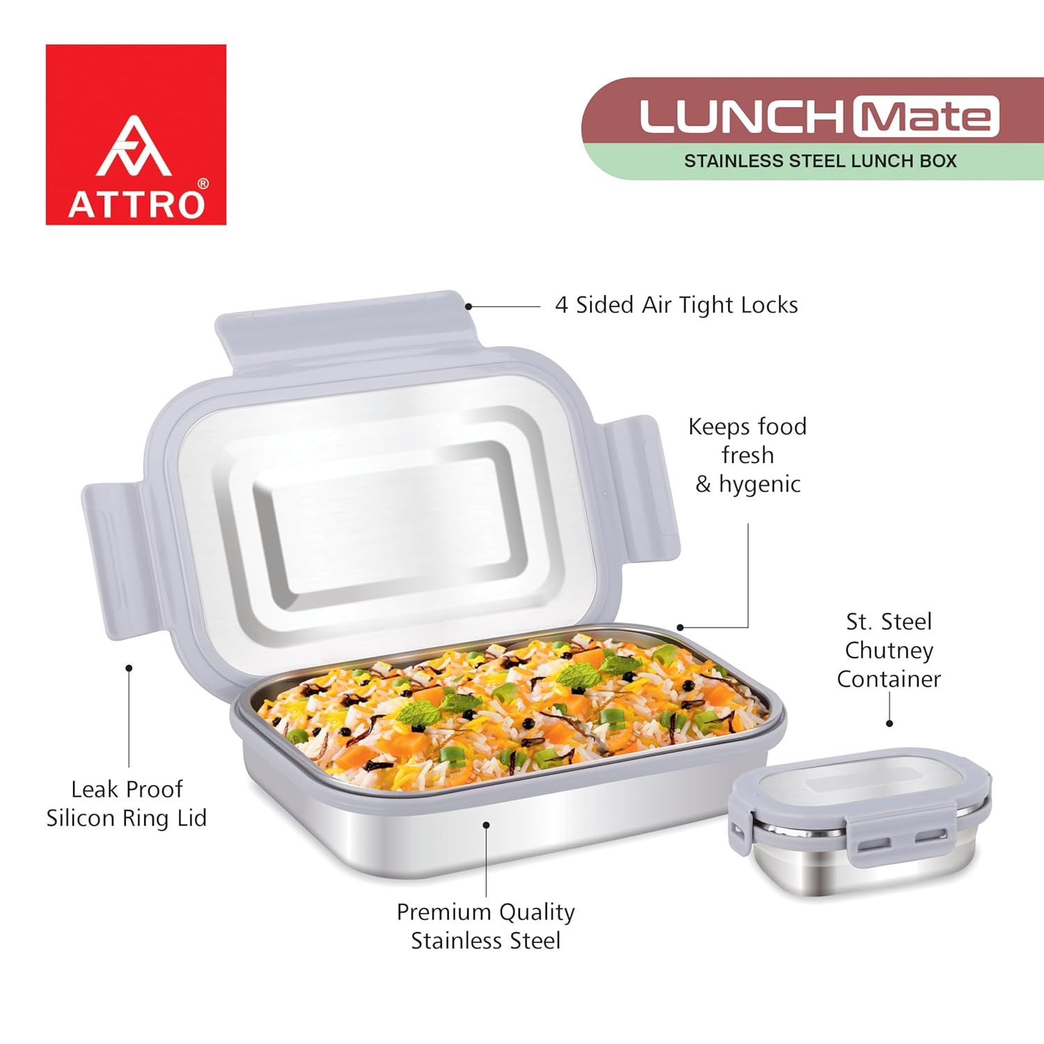 Lunchmate Stainless Steel Lunch Box with 1 Small Container Airtight Spill-Proof BPA Free Food Grade Ideal for Office, School, Picnic, 800ml+180ml