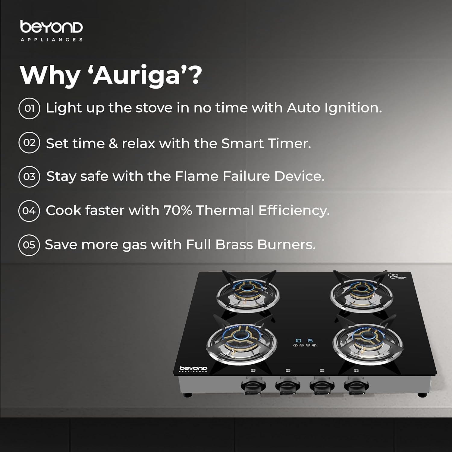BEYOND Appliances Auriga 4 Burner Smart Glass Gas Stove | Auto Ignition | Digital Timer | Flame Failure Device | Toughened Glass (Copy)
