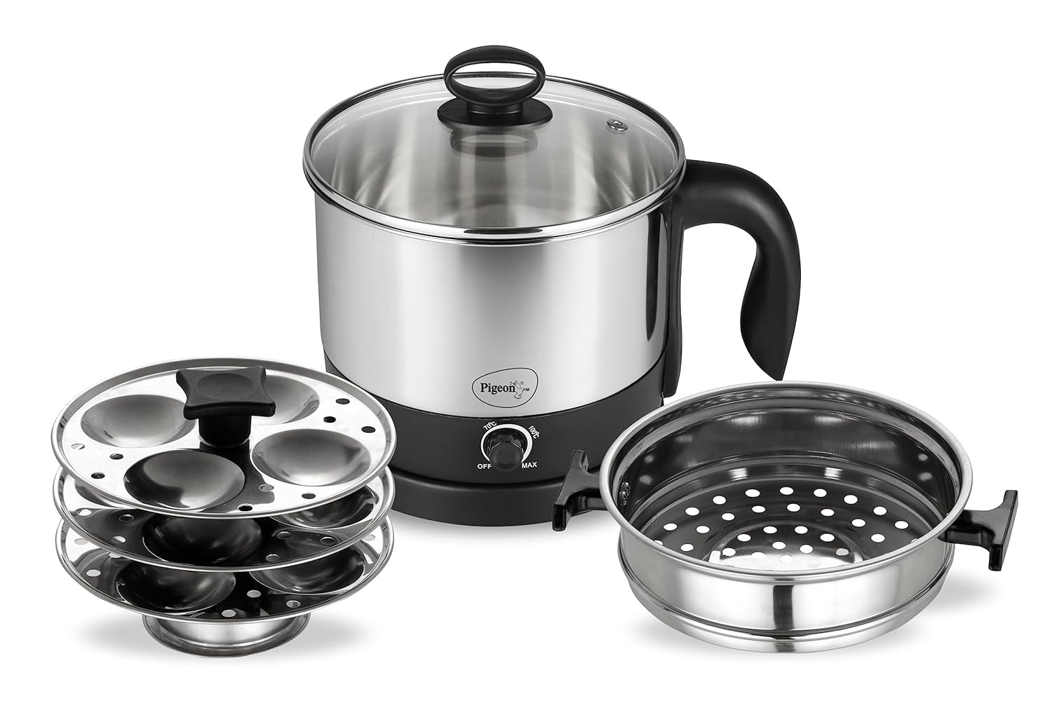 Pigeon 1.5 Liters Multipurpose Electric Kessel 3 in 1 Value Pack, Multi Cooker, Idli Stand with 3 Plates, Steamer With Stainless Steel Stand (Black & silver)