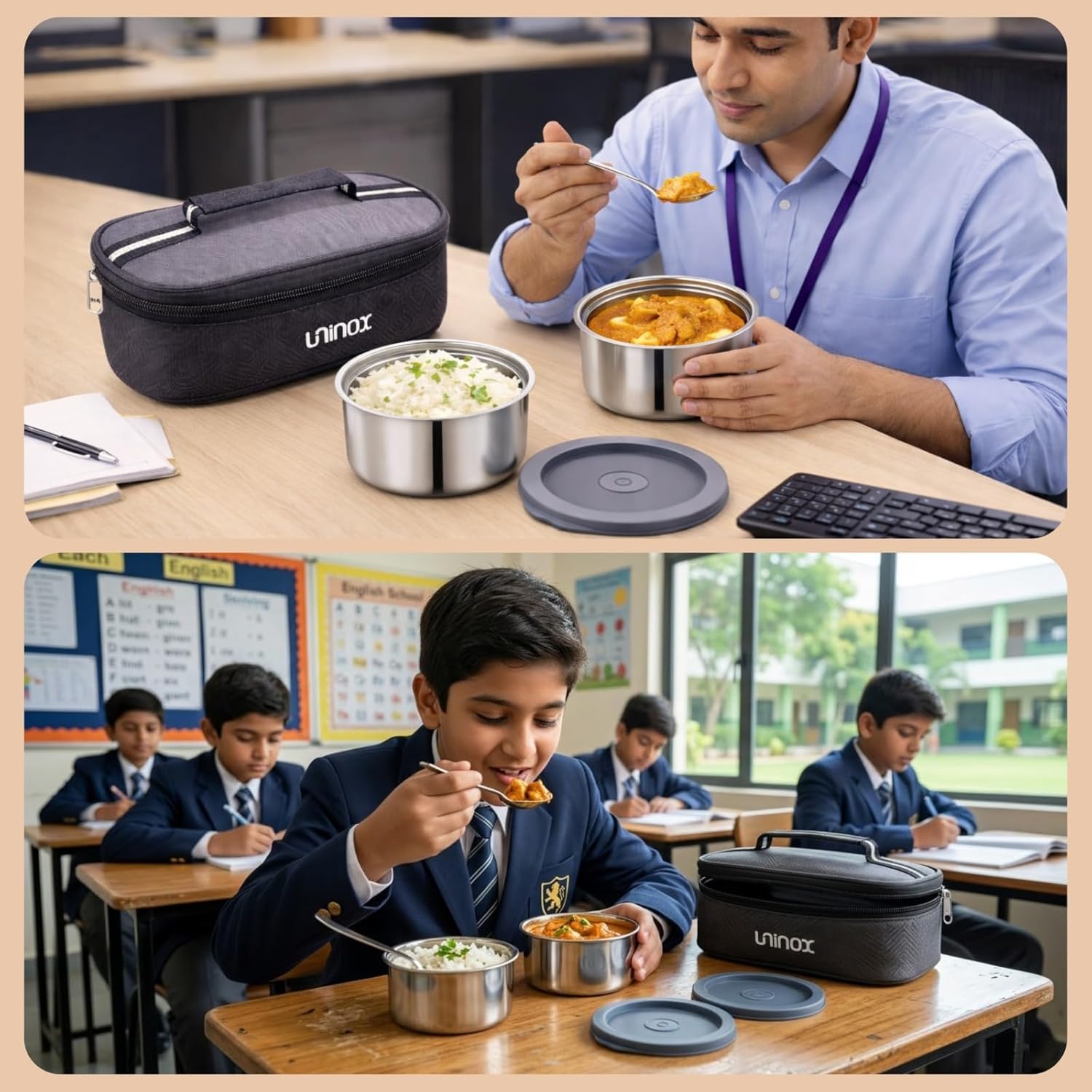uninox Doodle 2 Stainless Steel Lunch Box with 2 Double Wall Containers 300 ml with Steel Lid and Insulated Carry Bag