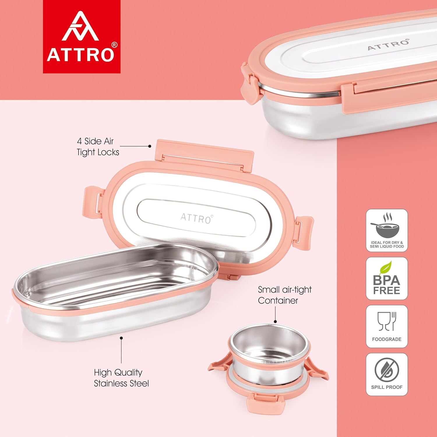 Oval Stainless Steel Lunch Box with 1 Small Box Compact Design Airtight Leak Proof Lunch Box for Office, School, Picnic-650Ml+100Ml