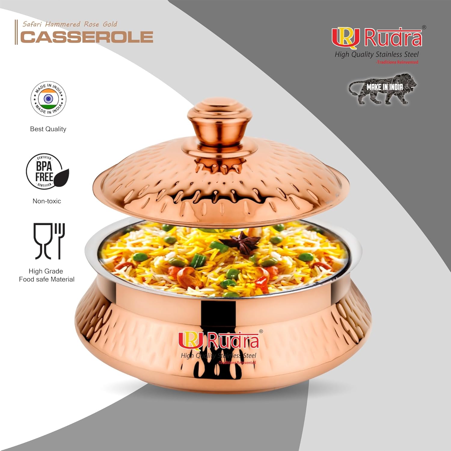 RUDRA Safari Hammered Rose Gold Double Walled Stainless Steel Casserole