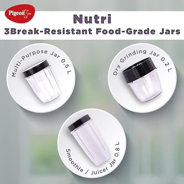 Pigeon 900 Watts Nutri Mixer with 3 Food Grade Jars || Smoothie/Juicer Jar 0.8 Litre|| Multipurpose Jar 0.5 Litre|| Dry Grinding Jar 0.2 Litre (Additional Sipper Cap Attachment), Silver
