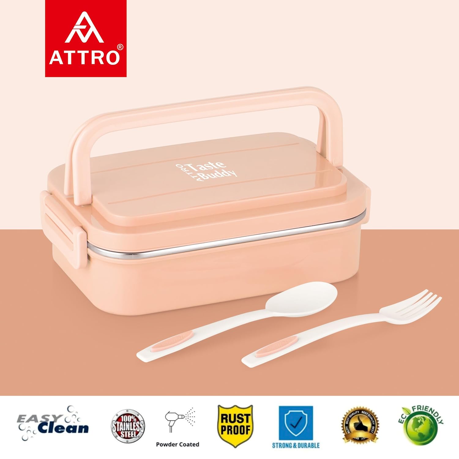 Taste Buddy Insulated Lunch Box with 2 Compartment 1 Spoons,/fork Stylish Lid with Easy Carrying Handle,1 Seprate Internal Lid Perfect for School,Office-800Ml (Multi color)