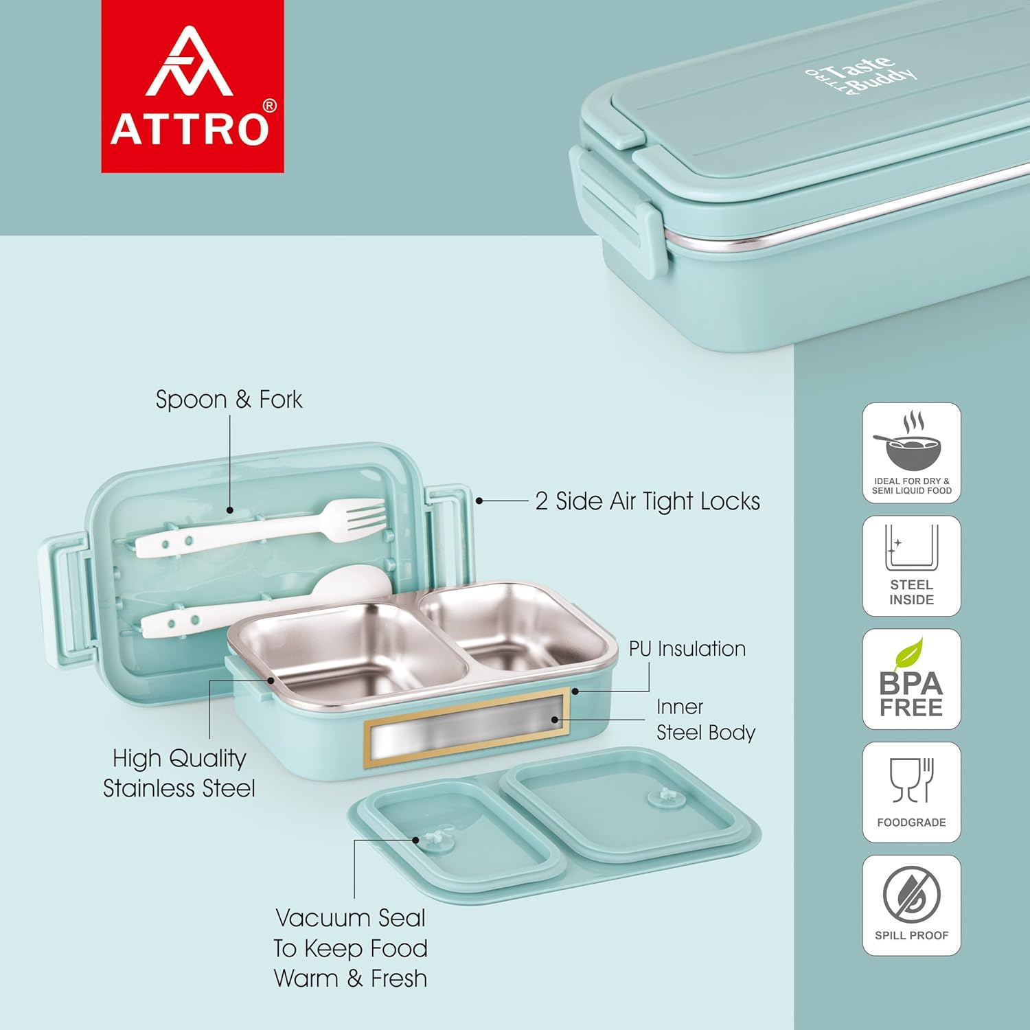 Taste Buddy Insulated Lunch Box with 2 Compartment 1 Spoons,/fork Stylish Lid with Easy Carrying Handle,1 Seprate Internal Lid Perfect for School,Office-800Ml (Multi color)