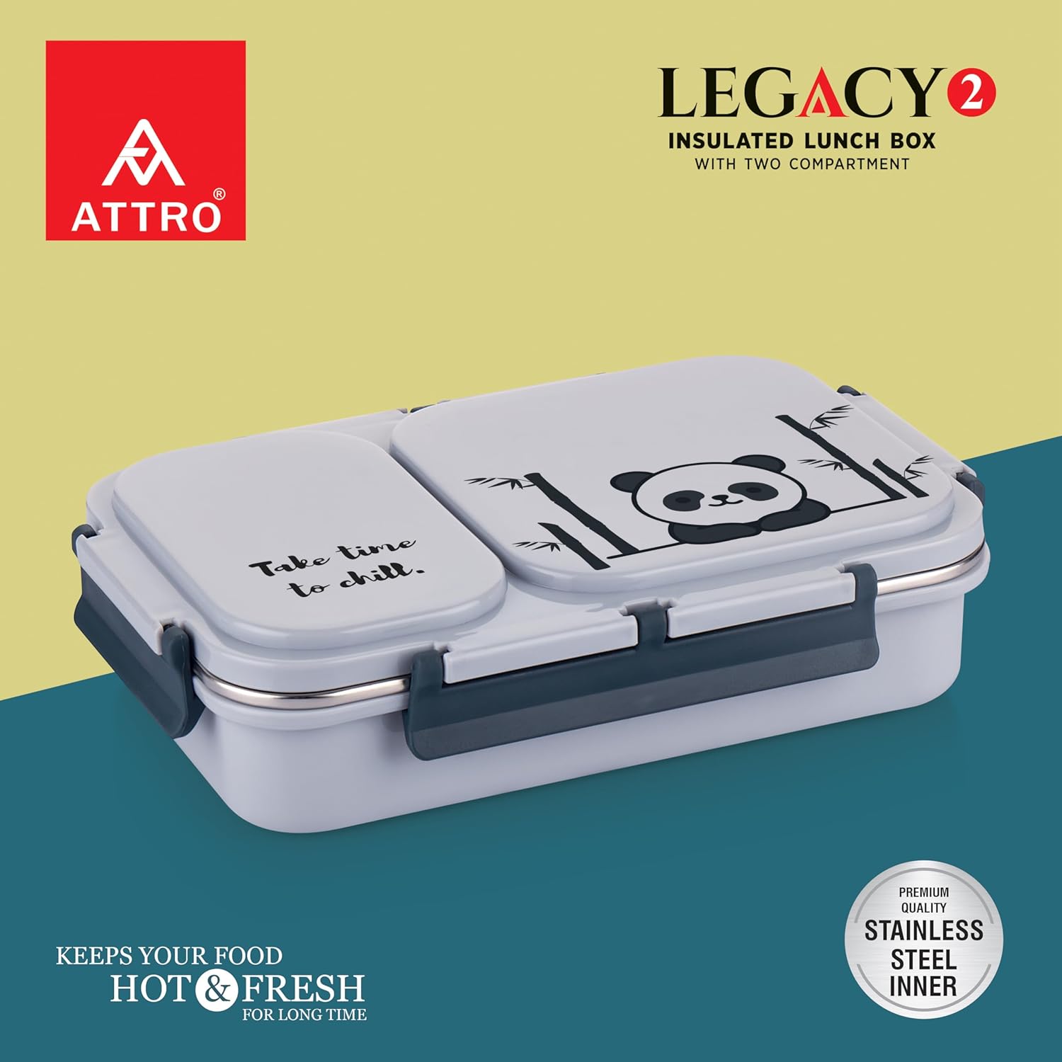 Stainless Steel Legacy 2 Insulated Lunch Box with Two Compartment Bpa Free, Food Grade Ideal for School, Picnic, Office & Outdoor - 600Ml Grey