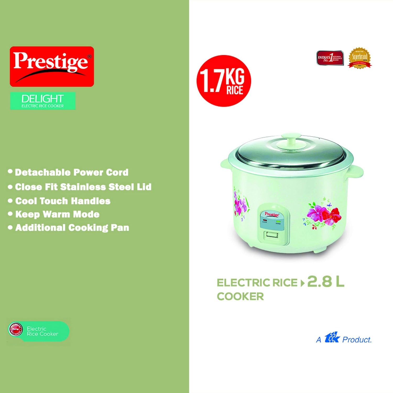 Prestige PRWO 2.8-2 Electric Rice Cooker 2.8L with Close Fit Lid|White|Raw capacity-1.7 liters|Cooked capacity-2.8 liters|Cooks for a large family