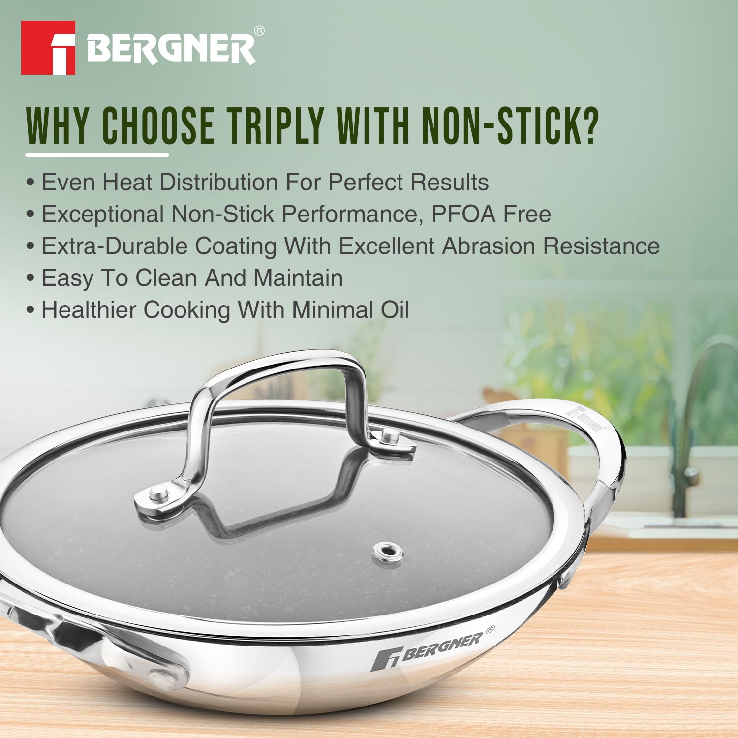 Bergner Argent Samsara Tri-Ply Stainless Steel 21cm Appachetty with Glass Lid, Quantanium Coating Inside, Consumes Less Oil - Gas Stove Compatible