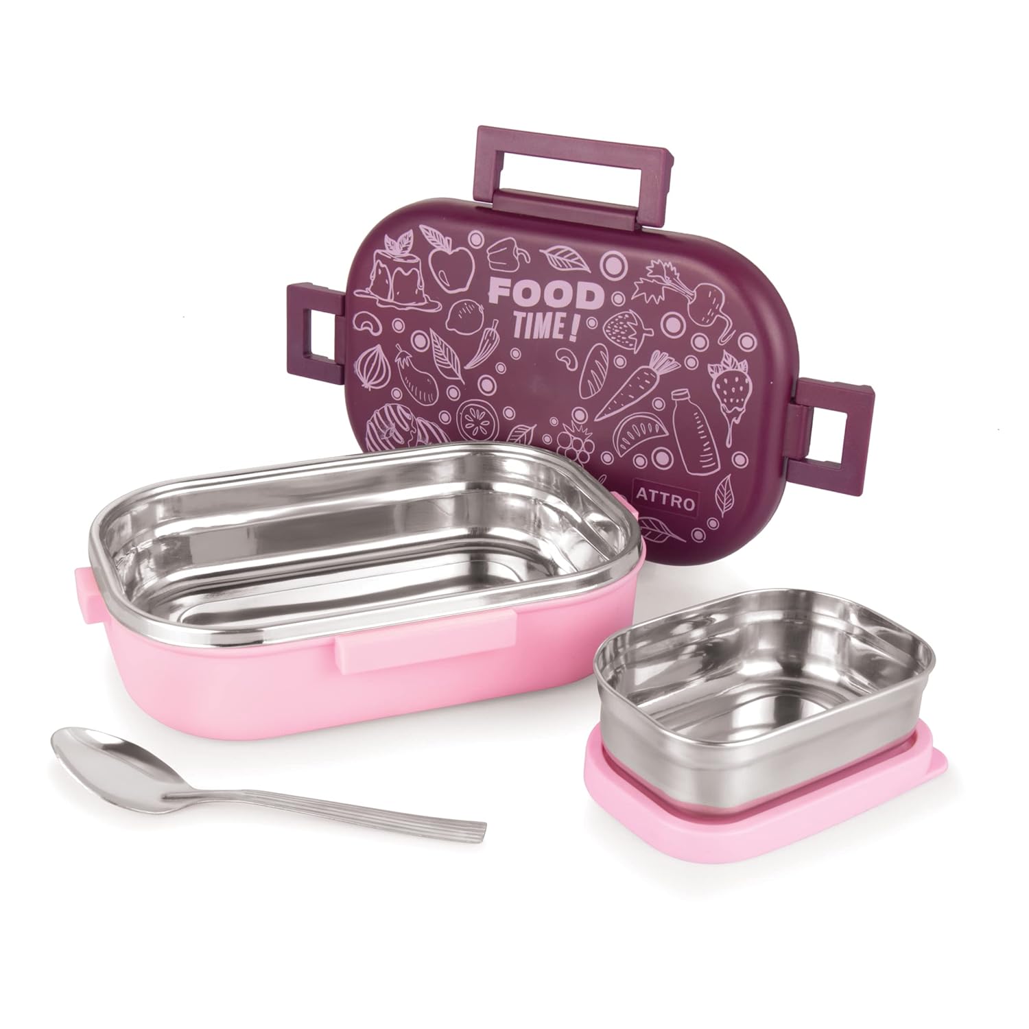 Food Time Stainless Steel Lunch Box, Airtight & Leak Proof - 2 Containers with Spoon (Big 750 Ml & Small 250 Ml) for Office Use, School, Picnic