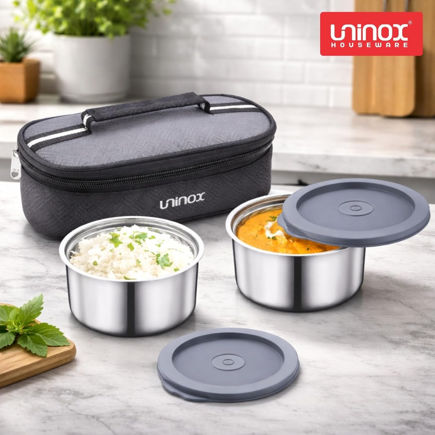uninox Doodle 2 Stainless Steel Lunch Box with 2 Double Wall Containers 300 ml with Steel Lid and Insulated Carry Bag