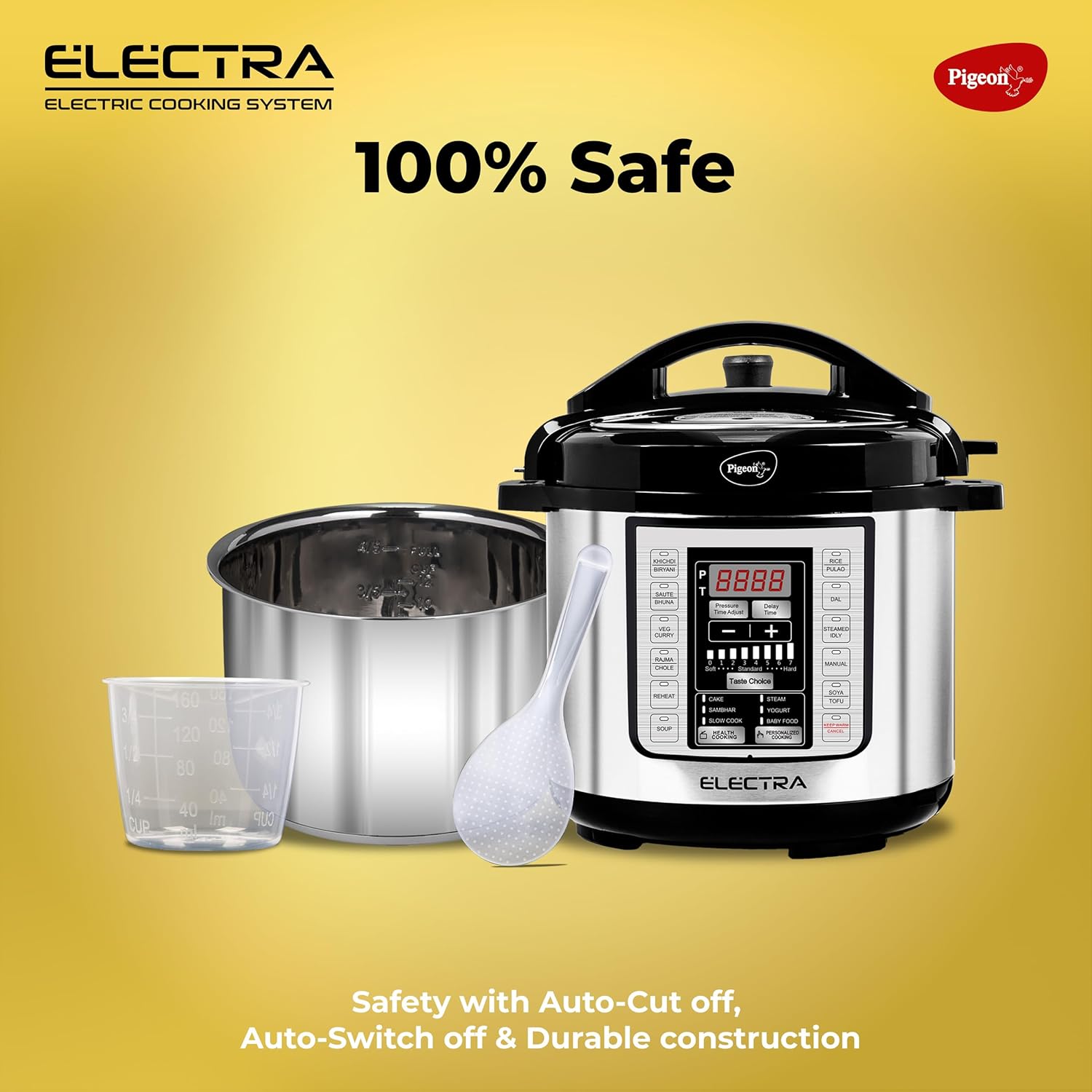 Pigeon Electra Smart Electric Pressure Cooker with Digital Display | 18 Indian Preset Menu | Automatic Rice Cooker | Delay Timer & More (Stainless Steel)