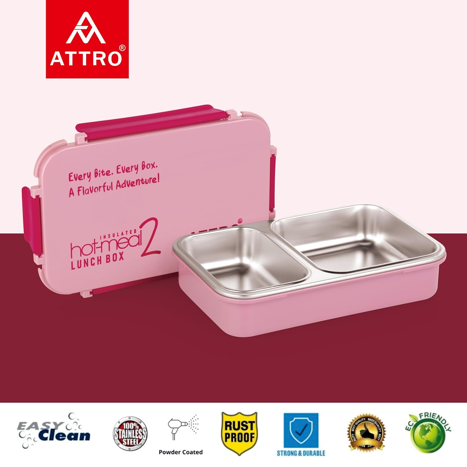 Hot-Meal 2 Insulated Lunch Box with 2 Compartment, Inner Stainless Steel & Locking Lid BPA-Free Food Grade Ideal for School, Office - 800ml