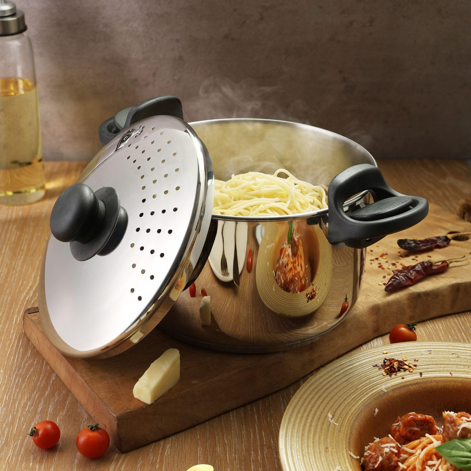 LIME AVATAR Stainless Steel Rice Pot with Strainer Lid - 3.7 L, 20cm | Noodles & Pasta Steamer, Rice Maker Cooker & Veggies Boiler with Locking Handles, 3-Layer SAS Induction Bottom,