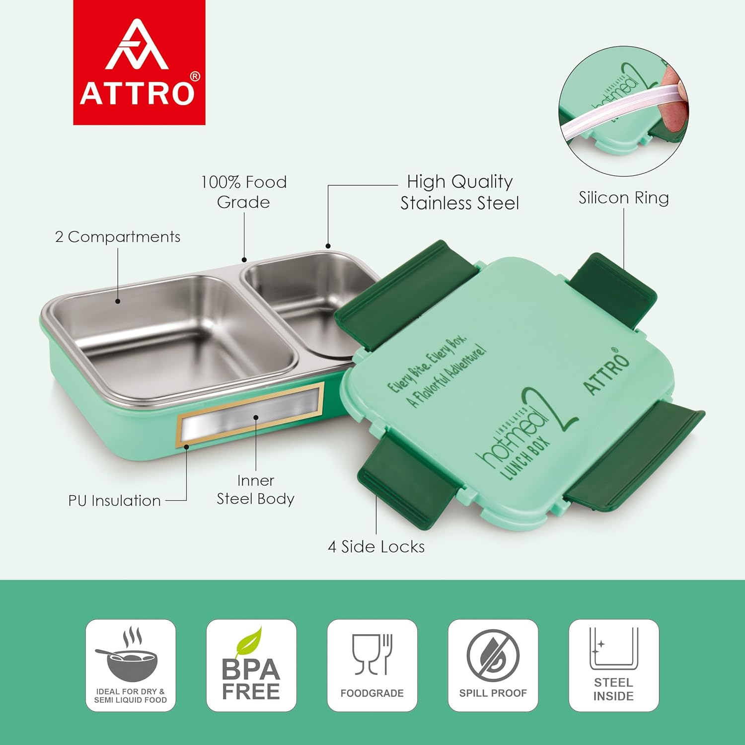Hot-Meal 2 Insulated Lunch Box with 2 Compartment, Inner Stainless Steel & Locking Lid BPA-Free Food Grade Ideal for School, Office - 800ml