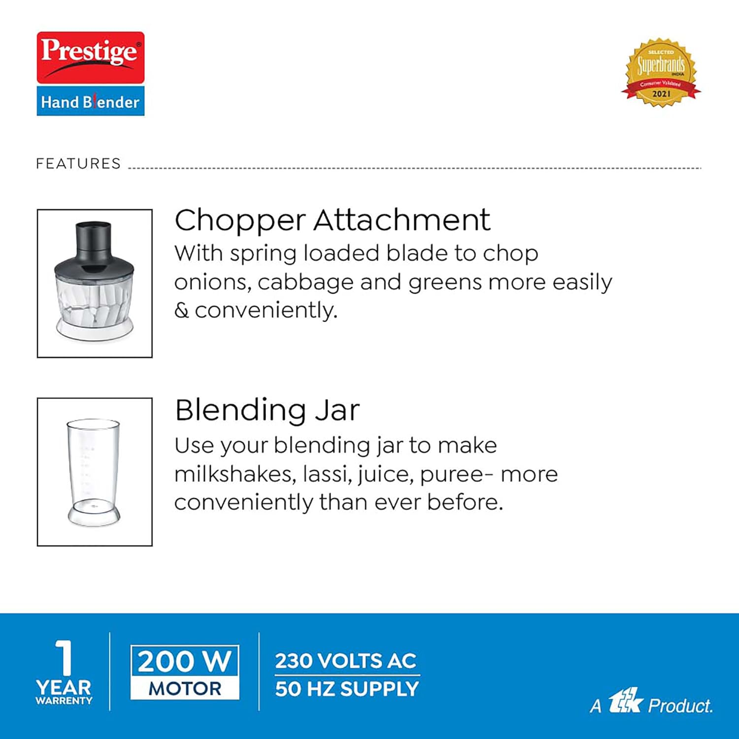 Prestige Phb 6.0 2 Speed Hand Blender with Blending Jar, Chopping, Whisking Attachment, 200 Watts