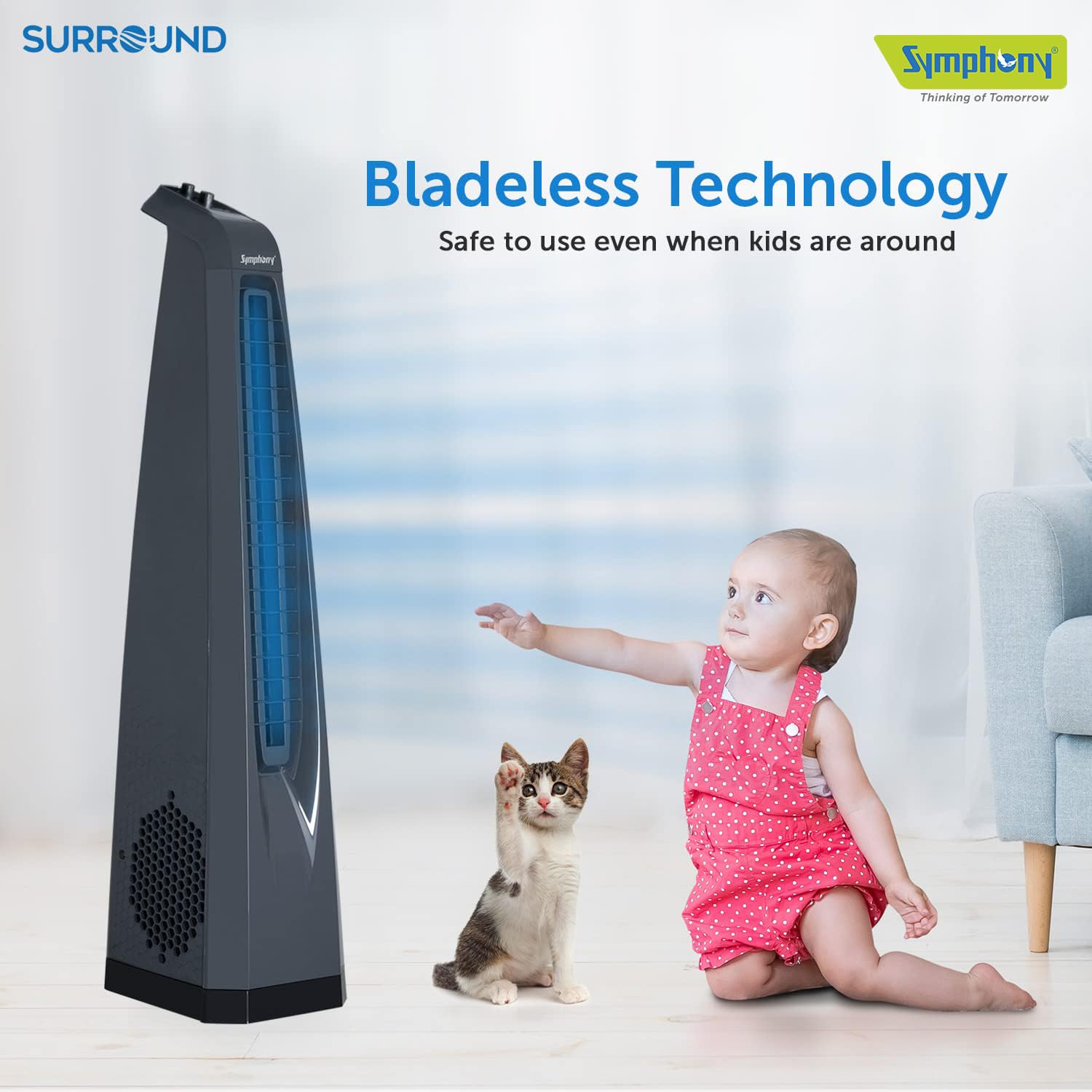 Symphony Surround High Speed Bladeless Technology Tower Fan for Home With Swivel Action, Dust Filter, and Low Power Consumption