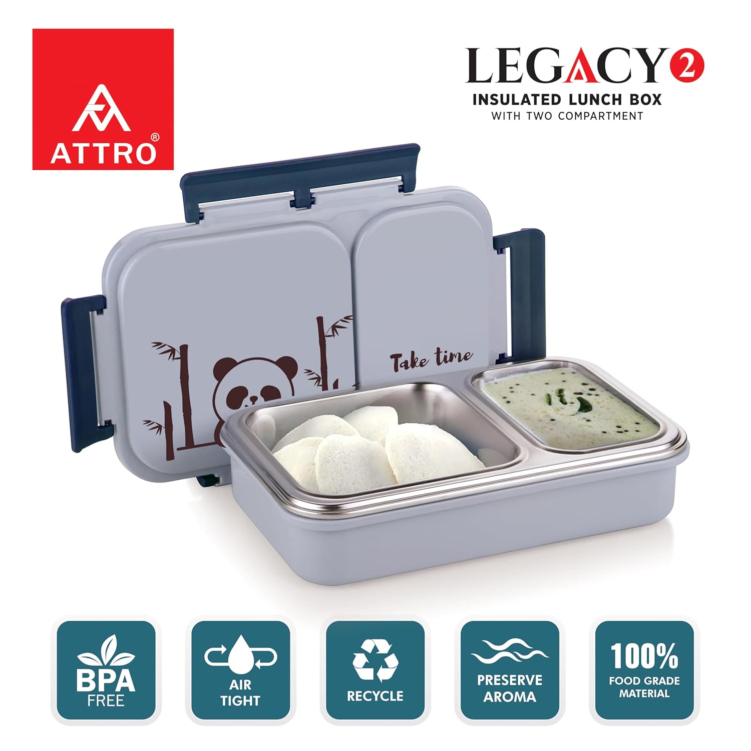 Stainless Steel Legacy 2 Insulated Lunch Box with Two Compartment Bpa Free, Food Grade Ideal for School, Picnic, Office & Outdoor - 600Ml Grey