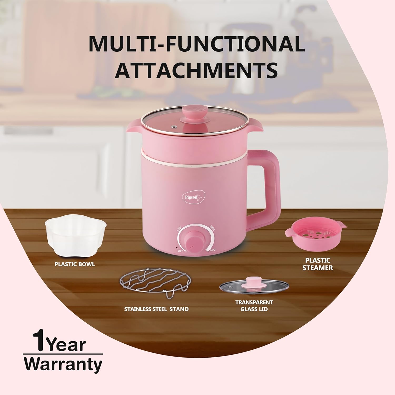 Pigeon Swift Plus Multi-Cook Kettle 1.5L, with Stainless Steel Steamer, Egg Rack - Blue | Double Layered | Food Grade Stainless Steel Inner wall | Glass Lid | Auto Shut-off