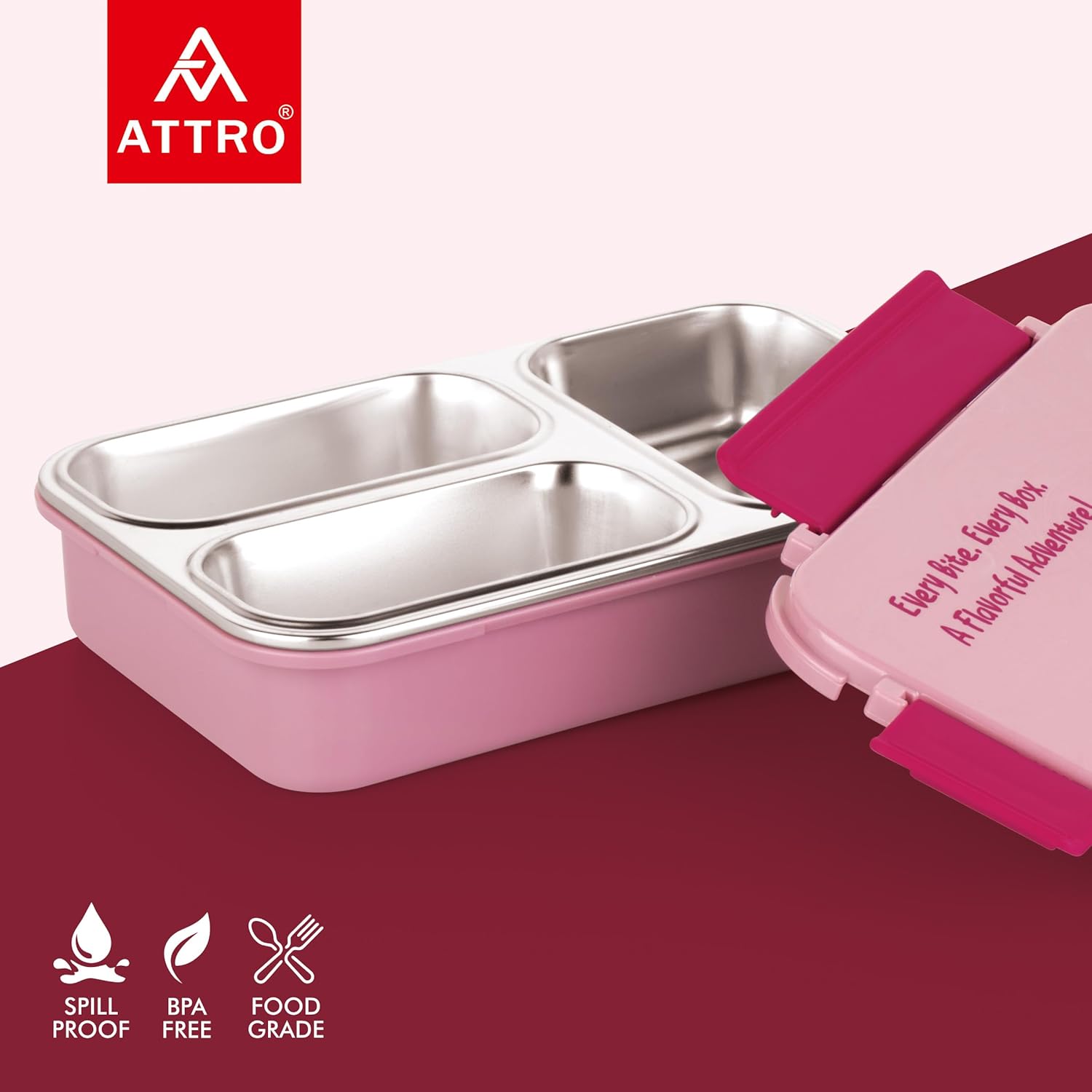 Hot-Meal 3 Insulated Lunch Box with 3 Compartment, Inner Stainless Steel & Locking Lid BPA-Free Food Grade Ideal for School, Office - 900ml