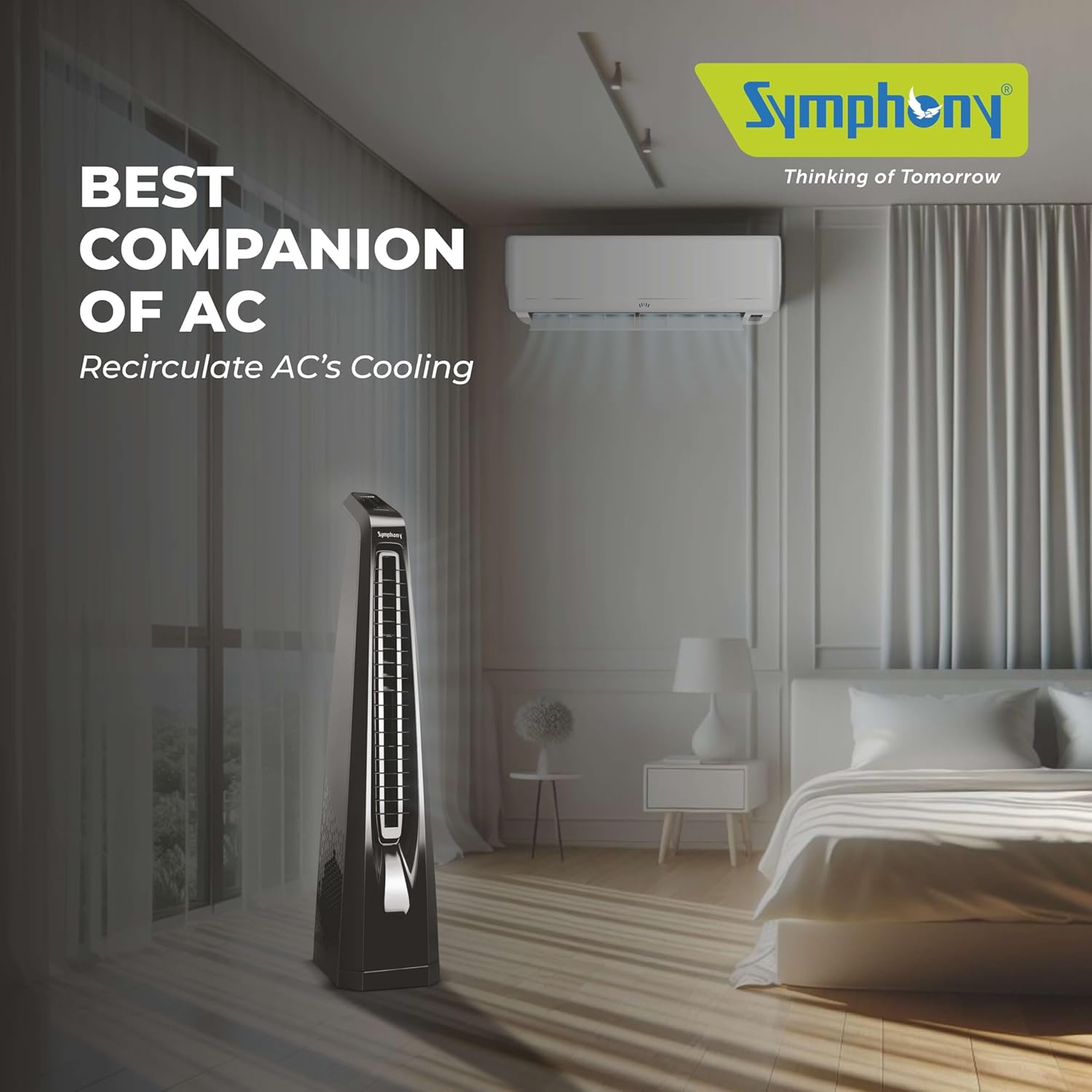 Symphony Surround B Personal Tower Fan | Silent Tower Fan for Home | BLDC Turbo Throw | Touchscreen Control Panel | Remote Control | Low Power Consumption | Black