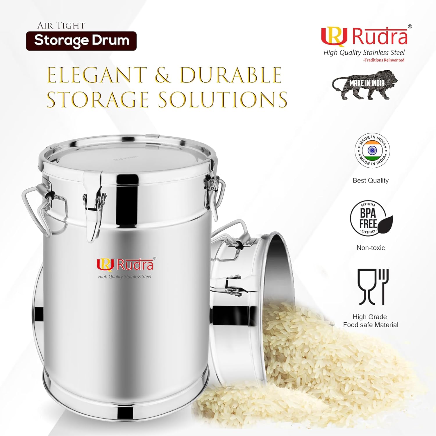 Rudra Stainless Steel Air Tight Container/Drum/Box for Kitchen Storage | Kothi | Rice | Flour Atta Big Dabba With Handle |