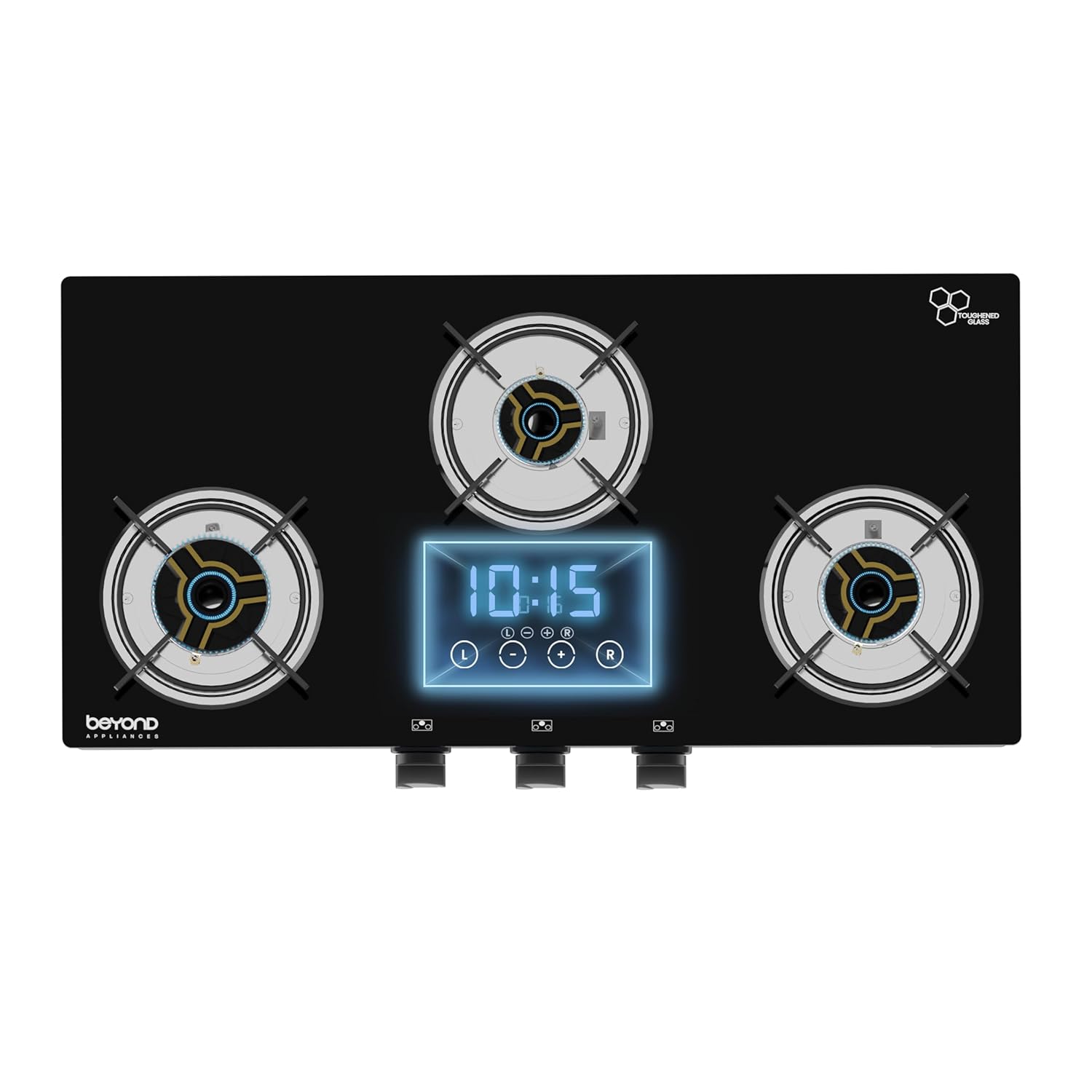 BEYOND Appliances Auriga 3 Burner Smart Glass Gas Stove | Auto Ignition | Digital Timer | Flame Failure Device | Toughened Glass
