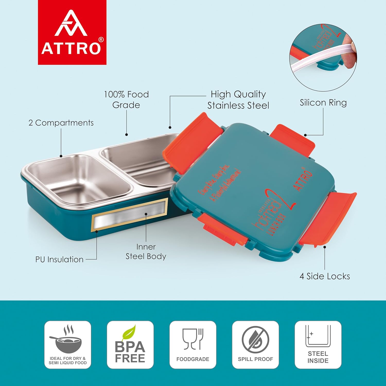 Hot-Meal 2 Insulated Lunch Box with 2 Compartment, Inner Stainless Steel & Locking Lid BPA-Free Food Grade Ideal for School, Office - 800ml