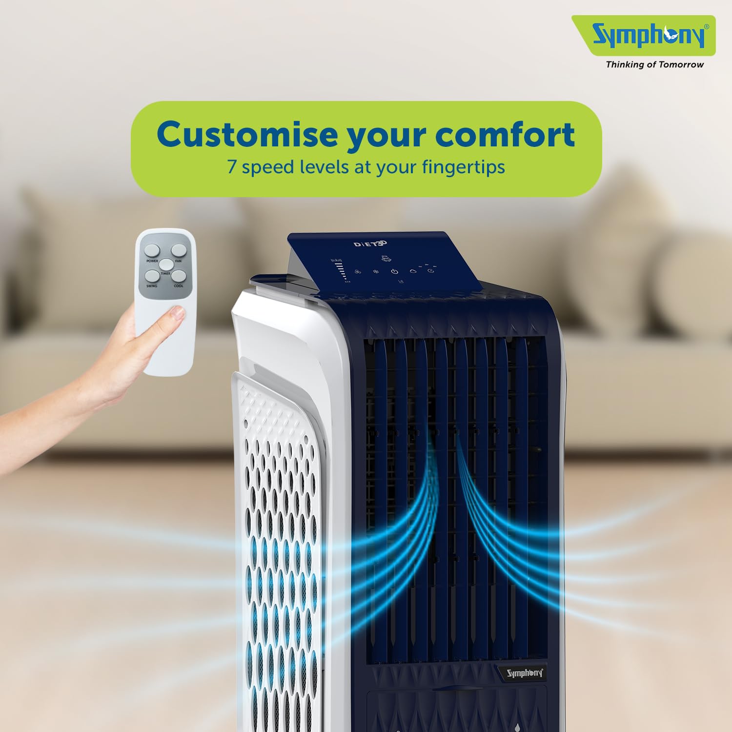 Symphony Diet 3D 30B Tower Air Cooler | BLDC Technology | Honeycomb Cooling Pad | Touchscreen Pop-Up Control Panel | Magnetic Remote + Sleep Mode | 1-Year Warranty