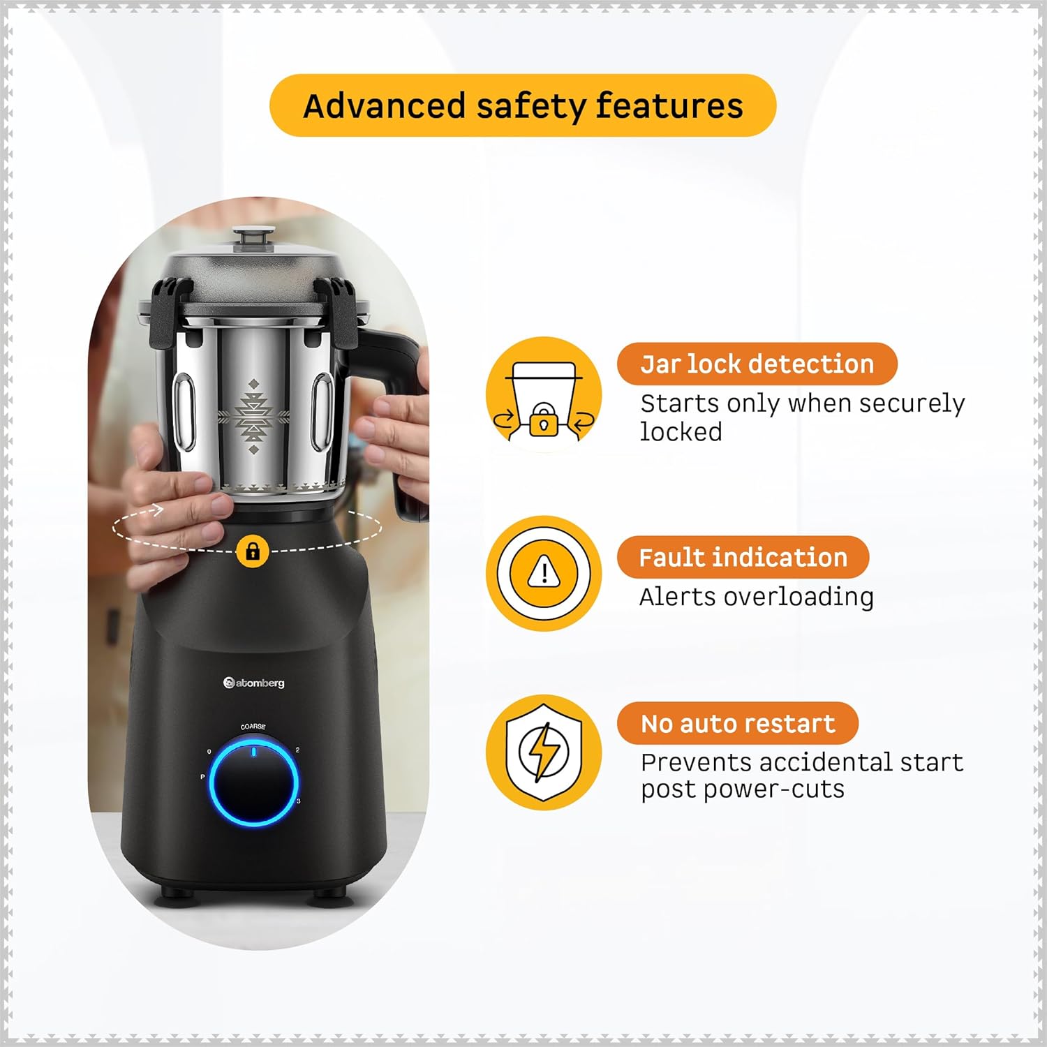 Atomberg Tavi Mixer Grinder | ππππ ππ§π₯π² ππ¨π« ππ & πππ§πππ | Unique Coarse Mode for Silbatta-Like Texture Intelligent 600W Motor | 4 Jars Including Chopper Jar | Matte Black/Sand Grey