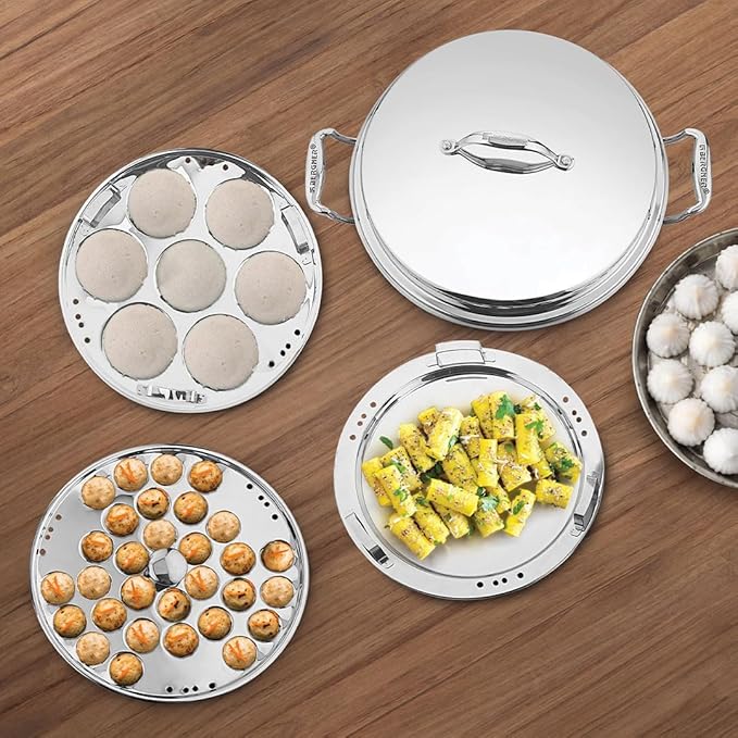 Bergner Argent Triply 28 cm Multi-Kadai, 6.1 L, Stainless Steel Lid & 6X Plate, for Appam/Idli/Modak/Sundal/Momo/, Cool Handles, Induction & Gas Ready