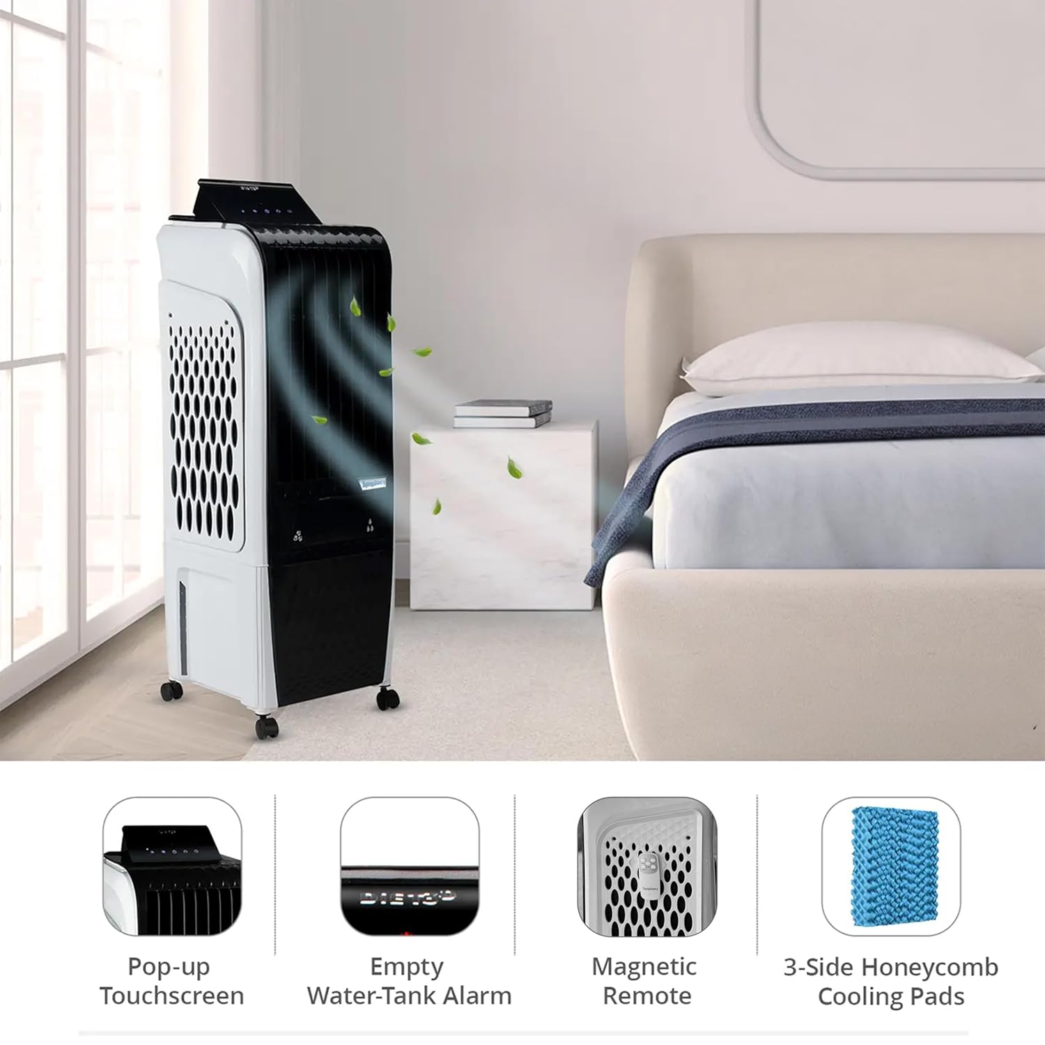 Symphony Diet 3D 30i Portable Tower Air Cooler For Home with 3-Side Honeycomb Pads i-Pure Technology and Low Power Consumption (30L, White & Black)