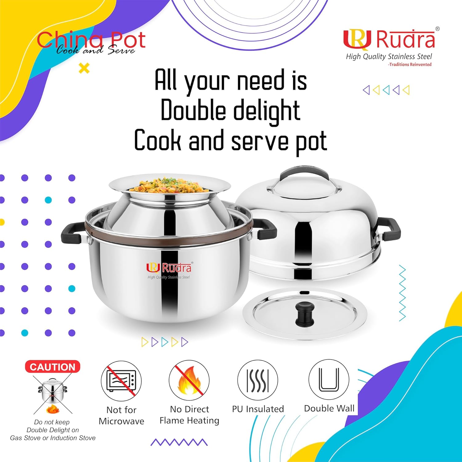 RUDRA Stainless Steel China Pot Cook and Serve, Thermal Rice Cooker