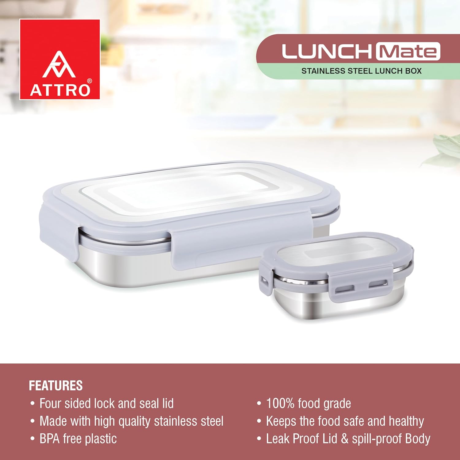 Lunchmate Stainless Steel Lunch Box with 1 Small Container Airtight Spill-Proof BPA Free Food Grade Ideal for Office, School, Picnic, 800ml+180ml