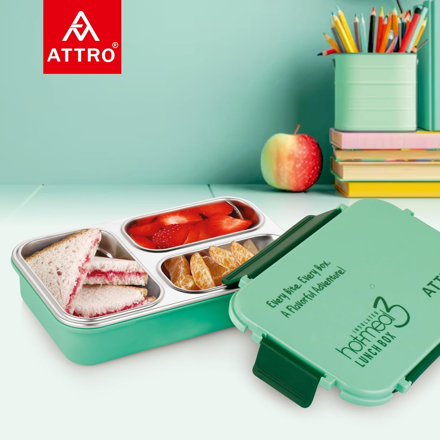 Hot-Meal 3 Insulated Lunch Box with 3 Compartment, Inner Stainless Steel & Locking Lid BPA-Free Food Grade Ideal for School, Office - 900ml