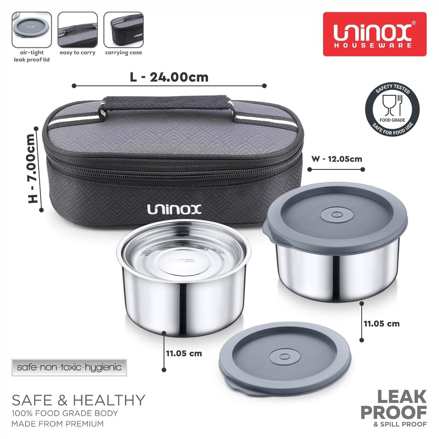 uninox Doodle 2 Stainless Steel Lunch Box with 2 Double Wall Containers 300 ml with Steel Lid and Insulated Carry Bag