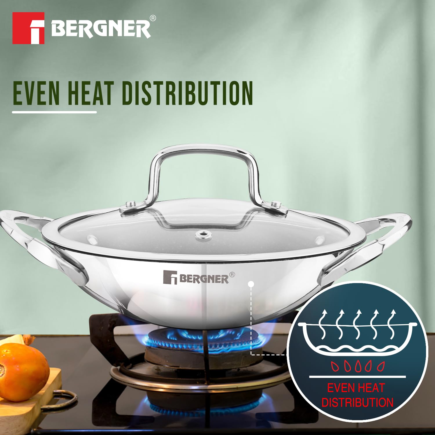 Bergner Argent Samsara Tri-Ply Stainless Steel 21cm Appachetty with Glass Lid, Quantanium Coating Inside, Consumes Less Oil - Gas Stove Compatible