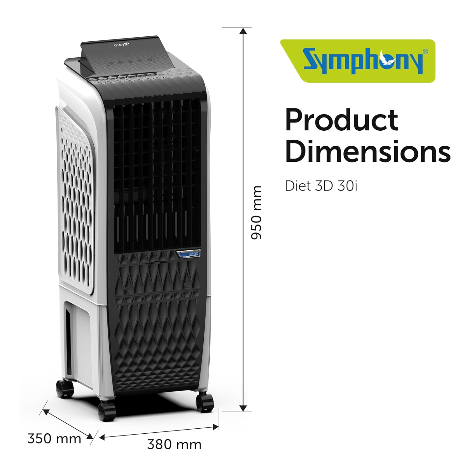 Symphony Diet 3D 30i Portable Tower Air Cooler For Home with 3-Side Honeycomb Pads i-Pure Technology and Low Power Consumption (30L, White & Black)