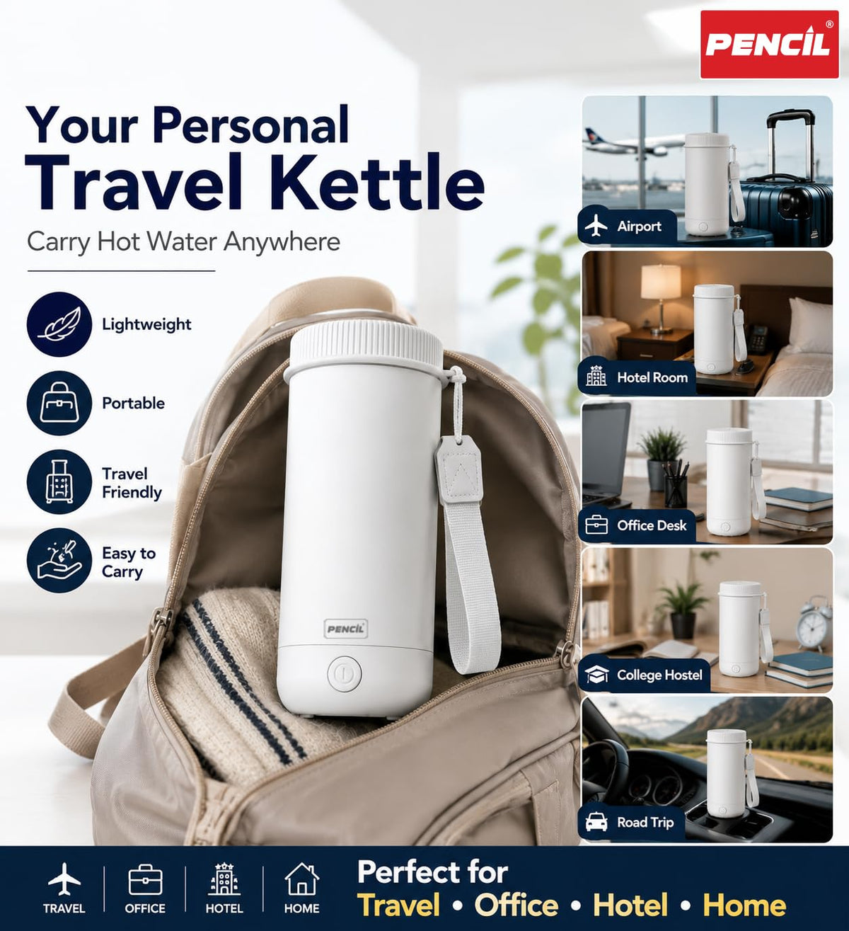 Pencil Travel Electric Kettle Portable Stainless Steel Water Boiler with Fast Heating for Tea, Coffee & Hot Water