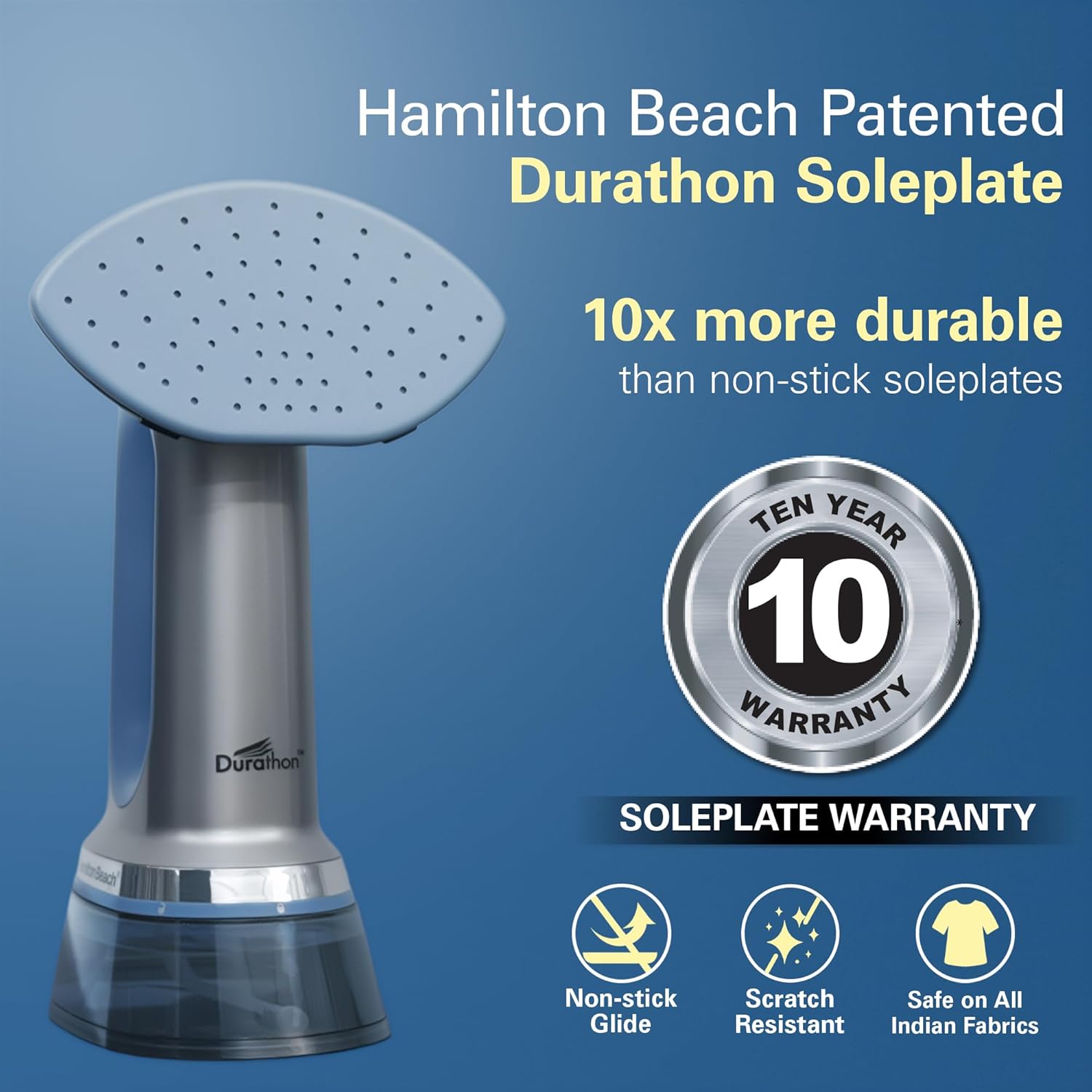 Hamilton Beach Patented Durathon 3-in-1 Garment Steamer, 10 year Soleplate warranty, Garment Steamer for Clothes, Steam Iron & Dry Iron for Clothes, One-Touch High/Medium/Delicate, Auto Shut off