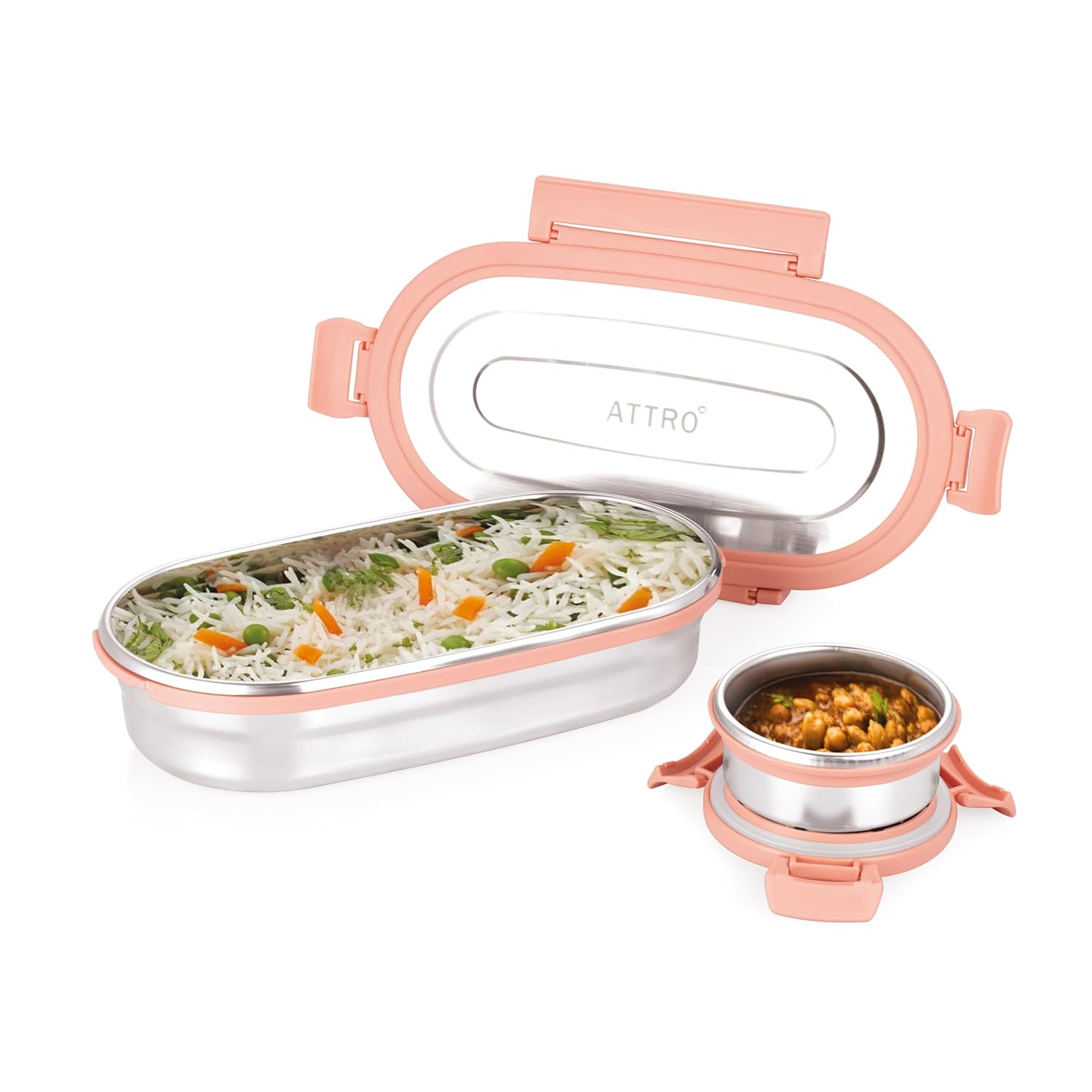 Oval Stainless Steel Lunch Box with 1 Small Box Compact Design Airtight Leak Proof Lunch Box for Office, School, Picnic-650Ml+100Ml
