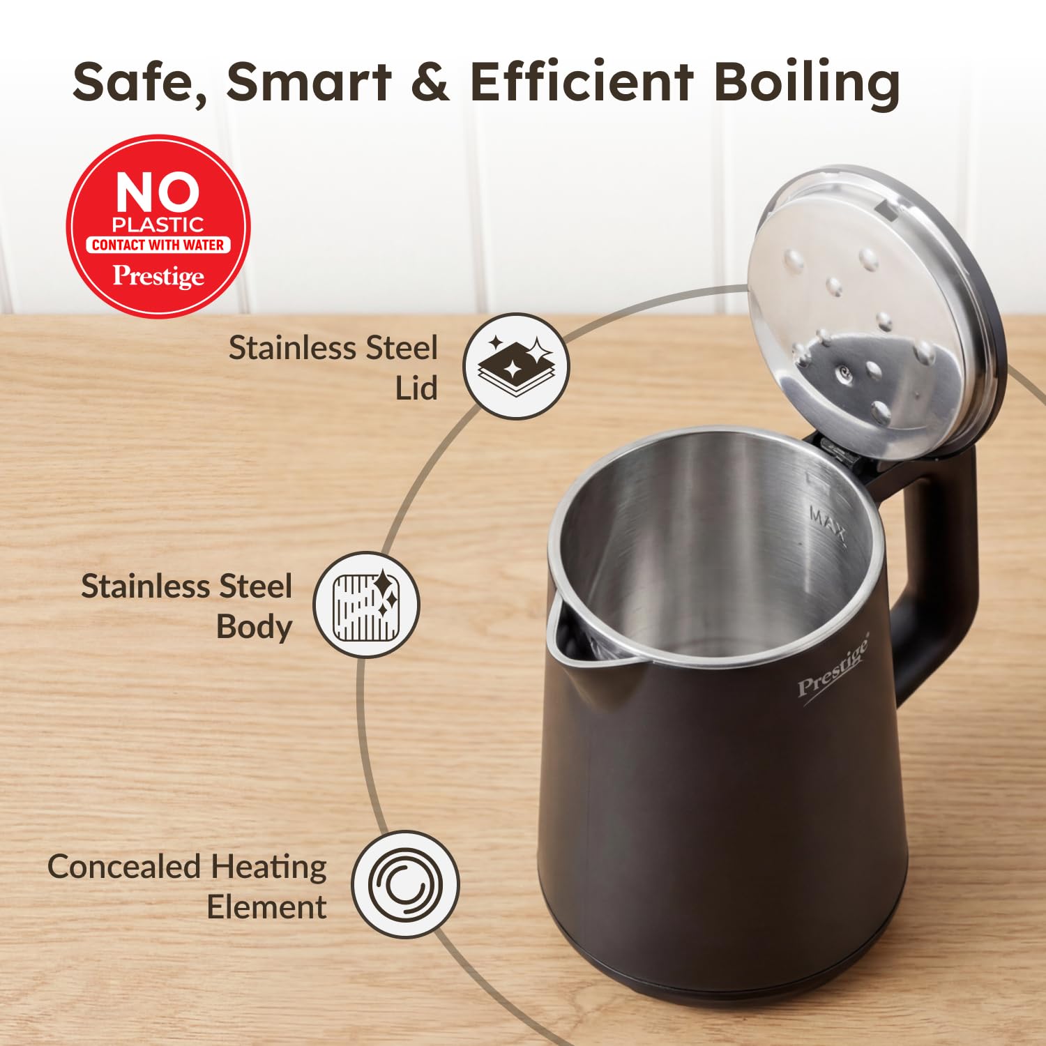 Prestige Stainless Steel Digi Kettle 2 L With 4 Preset Modes | Live Temperature Display | Elegant Cool Touch Design | Auto-Cut Off And Dry Heat Protection | 360 Degree Swivel Base, 1350 Watts, Black