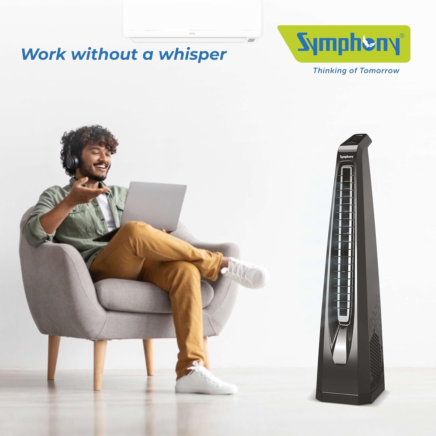 Symphony Surround B Personal Tower Fan | Silent Tower Fan for Home | BLDC Turbo Throw | Touchscreen Control Panel | Remote Control | Low Power Consumption | Black