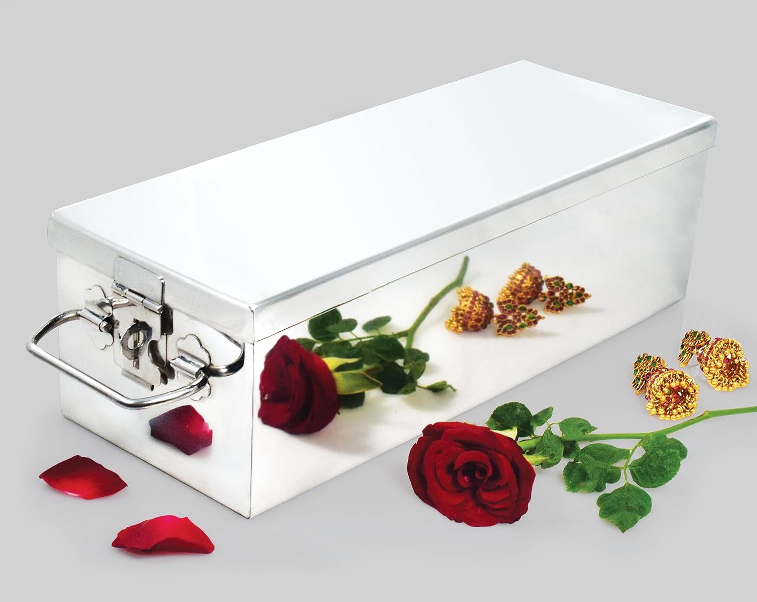 LIME Stainless Steel Large Traditional Jewellery Box for Locker Comes with 2 Velvet Trays,3 Fixed Plastic Boxes for Small Ornaments & Bangles,1 Velvet Pouch for Organizing & Safeguarding Jewellery