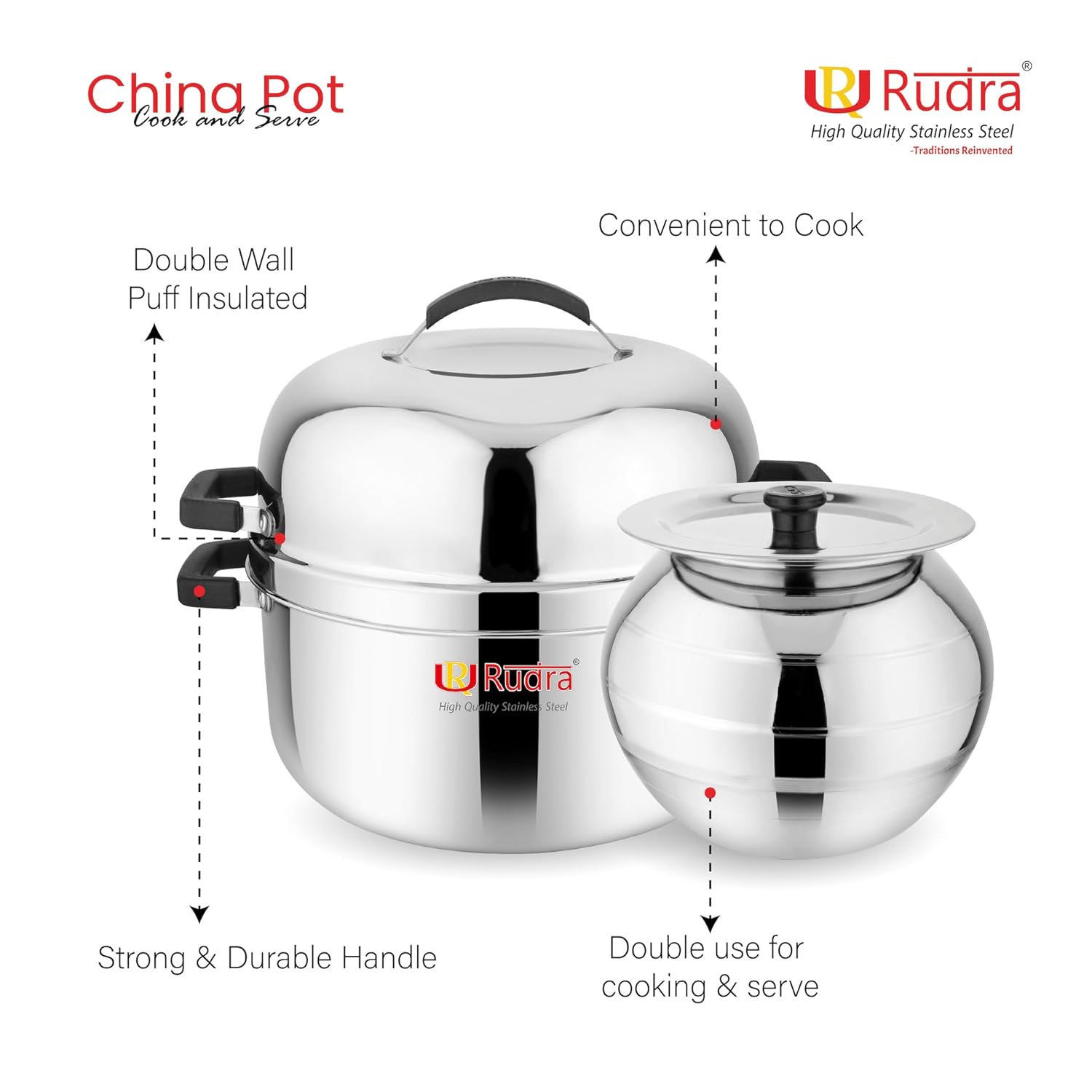 RUDRA Stainless Steel China Pot Cook and Serve, Thermal Rice Cooker