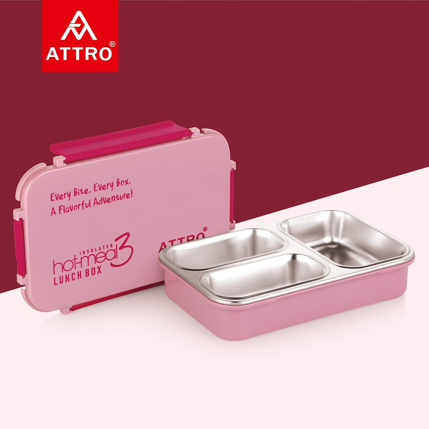 Hot-Meal 3 Insulated Lunch Box with 3 Compartment, Inner Stainless Steel & Locking Lid BPA-Free Food Grade Ideal for School, Office - 900ml
