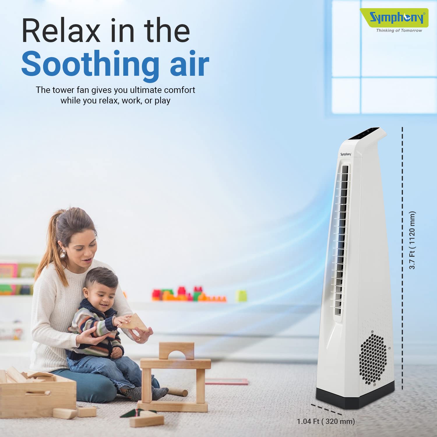 Symphony Surround-i High Speed Bladeless Technology Tower Fan for Home With Touchscreen Control Panel, Remote, and Swivel Action