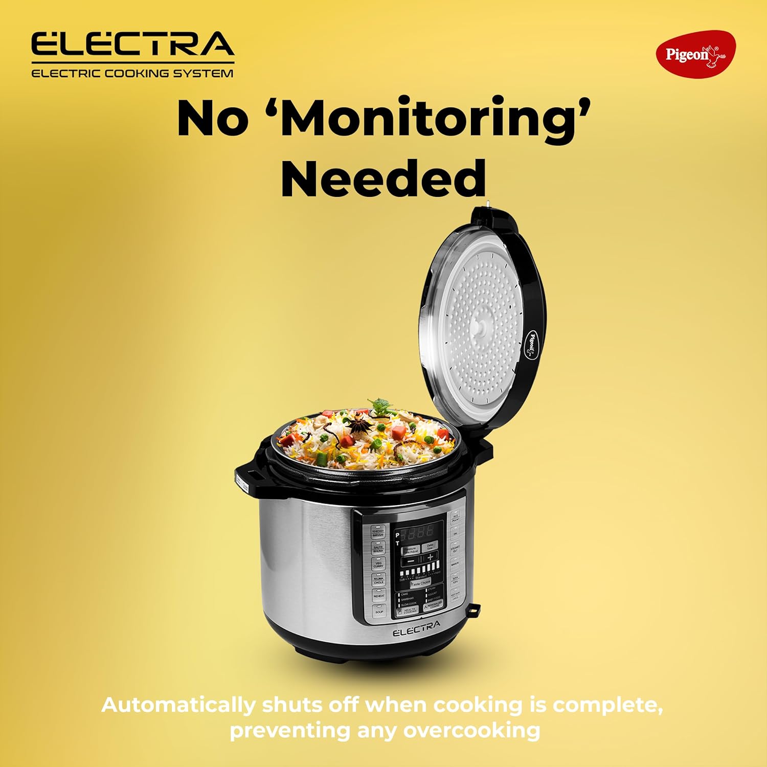 Pigeon Electra Smart Electric Pressure Cooker with Digital Display | 18 Indian Preset Menu | Automatic Rice Cooker | Delay Timer & More (Stainless Steel)