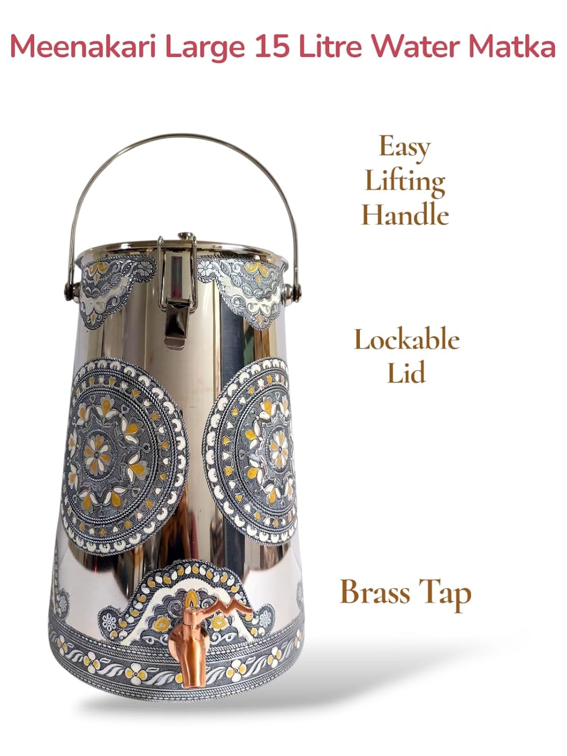 Meenakari Stainless Steel Matka with Tap Stainless Steel Water Dispenser 10 Litre Pot Water Container with Tap - Vertical