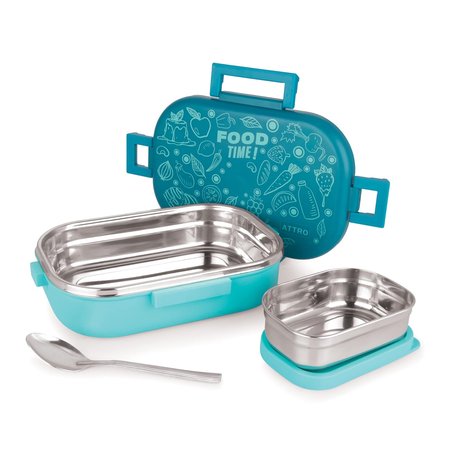 Food Time Stainless Steel Lunch Box, Airtight & Leak Proof - 2 Containers with Spoon (Big 750 Ml & Small 250 Ml) for Office Use, School, Picnic